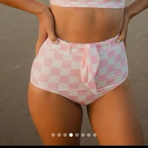 Albion Swim Bottoms High Waisted‎ Sz S Pink Cream Checkered Swimwear Beach Tie